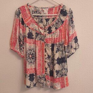 INTRO WOMEN'S TOP SHORT SLEEVE CORAL BLUE CRINKLE FABRIC BUTTON UP BOHO SIZE XL